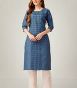 Denim blue colour ethnic sober embroiderd festive wear kurti with bottom