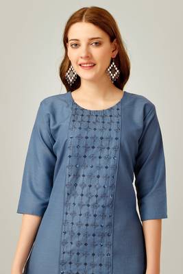 Denim blue colour ethnic sober embroiderd festive wear kurti with bottom 3