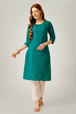 Sea green colour ethnic sober embroiderd festive wear kurti with bottom 1