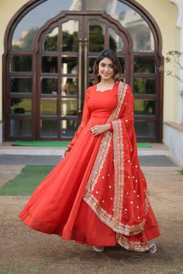 Orange colour smart looking heavy sequins work wedding wear gown with dupatta 2