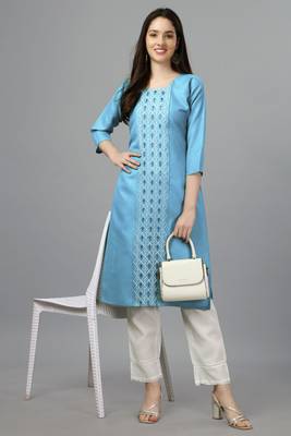 Smart sky blue colour sober embroidery festive formal kurti 1