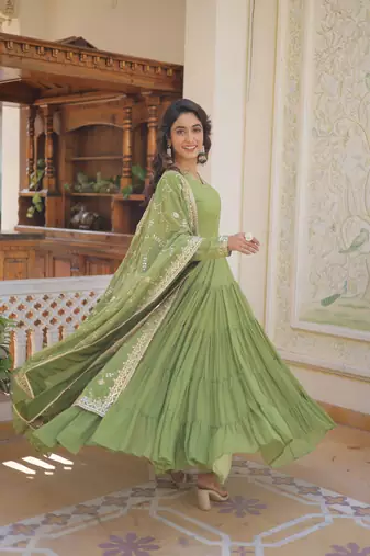  girlish looks green colour sequins party gown with dupatta
