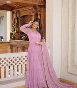 Ethnic girlish looks purple colour ethnic sequins work party gown with dupatta