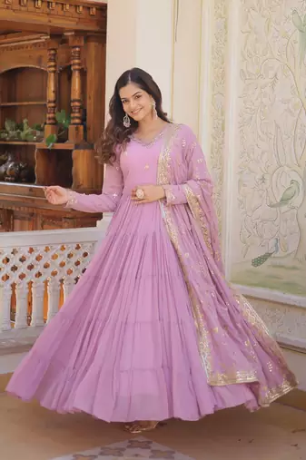  girlish looks purple colour sequins party gown with dupatta