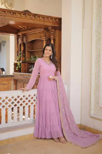 girlish looks purple colour sequins party gown with dupatta