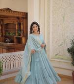 Ethnic girlish looks sky blue colour ethnic sequins work party gown with dupatta