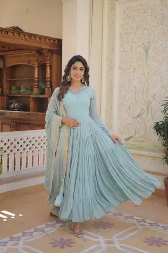  girlish looks sky blue colour sequins party gown with dupatta