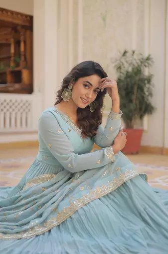 girlish looks sky blue colour sequins party gown with dupatta