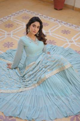  girlish looks sky blue colour sequins party gown with dupatta 4