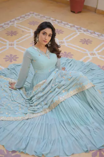  girlish looks sky blue colour sequins party gown with dupatta
