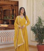 Ethnic girlish looks yellow colour ethnic sequins work party gown with dupatta
