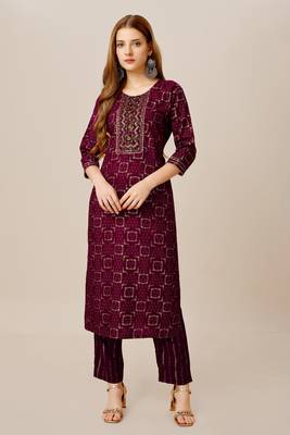 Purple colour ethnic smart printed designer embroidery work festive party dress 1