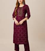 Purple colour ethnic smart printed designer embroidery work festive party dress