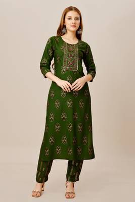 Green colour ethnic smart printed designer embroidery work festive party dress 1
