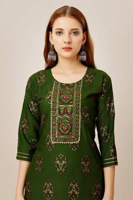 Green colour ethnic smart printed designer embroidery work festive party dress 3