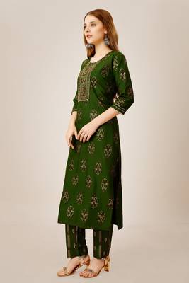 Green colour ethnic smart printed designer embroidery work festive party dress 4