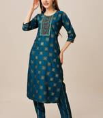 Navy blue colour ethnic smart printed designer embroidery work festive party dress