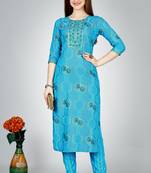 Sky blue colour ethnic smart printed designer embroidery work festive party dress