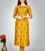 Yellow colour ethnic smart printed designer embroidery work festive party dress