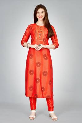 Orange colour ethnic smart printed designer embroidery work festive party dress 1