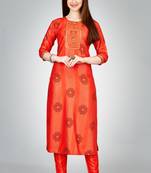Orange colour ethnic smart printed designer embroidery work festive party dress