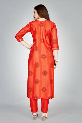Orange colour ethnic smart printed designer embroidery work festive party dress 2