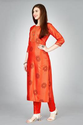 Orange colour ethnic smart printed designer embroidery work festive party dress 4