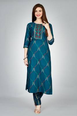 Navy blue colour ethnic smart printed designer embroidery work festive party dress 1