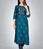 Navy blue colour ethnic smart printed designer embroidery work festive party dress
