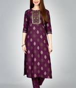 Purple colour ethnic smart printed designer embroidery work festive party dress