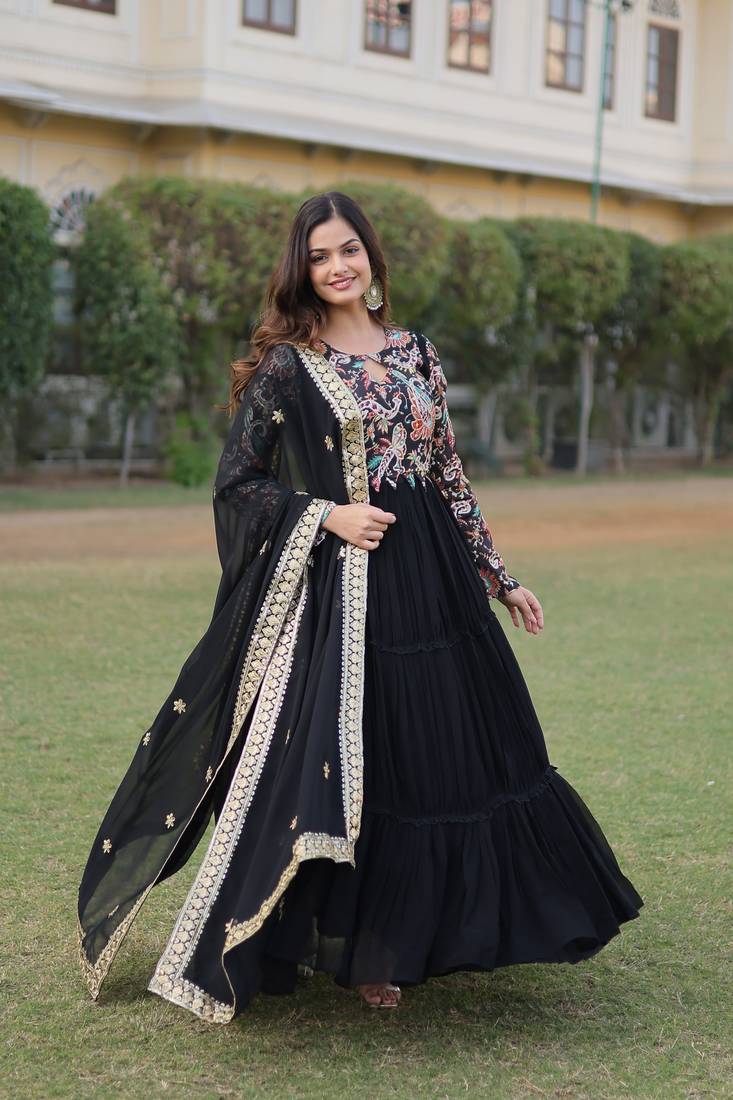 Smart and ethnic black colour designer gown with dupatta dress