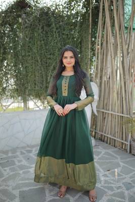 Girlish green colour Woven golden jari patta designer ethnic chiffon fabric partywear gown 1
