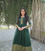 Girlish green colour Woven golden jari patta designer ethnic chiffon fabric partywear gown