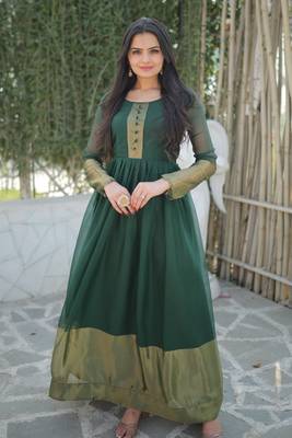 Girlish green colour Woven golden jari patta designer ethnic chiffon fabric partywear gown 4
