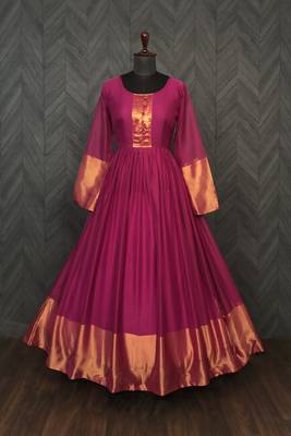 Girlish wine colour Woven golden jari patta designer ethnic chiffon fabric partywear gown 2