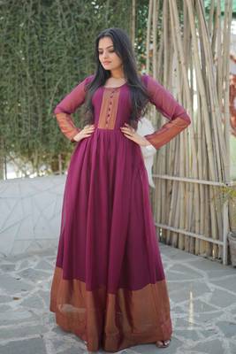 Girlish wine colour Woven golden jari patta designer ethnic chiffon fabric partywear gown 1
