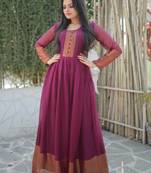 Girlish wine colour Woven golden jari patta designer ethnic chiffon fabric partywear gown