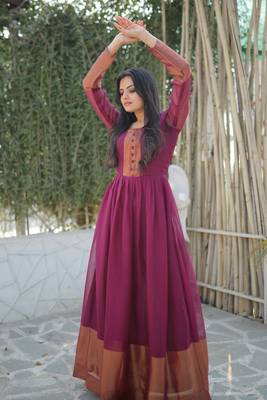 Girlish wine colour Woven golden jari patta designer ethnic chiffon fabric partywear gown 3
