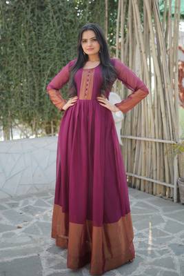 Girlish wine colour Woven golden jari patta designer ethnic chiffon fabric partywear gown 4