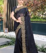 Navy Blue Resham Zari Stone Embroidery Chiffon Saree