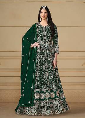 Green colour heavy zari embroidery work anarkali suit for wedding season 1
