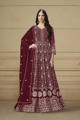 Maroon colour heavy zari embroidery work anarkali suit for wedding season 2