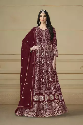 Maroon colour heavy zari embroidery work anarkali suit for wedding season