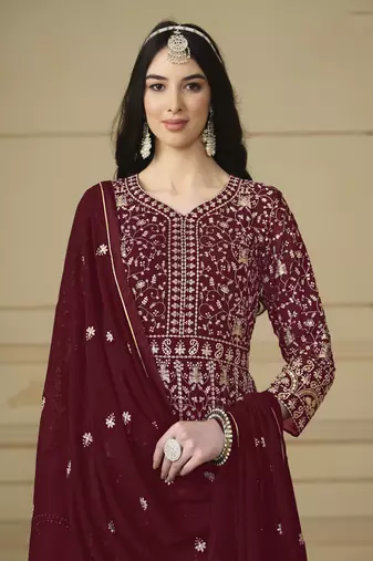 Maroon colour heavy zari embroidery work anarkali suit for wedding season