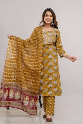 Beautiful mustard colour traditional printed and embroidered ethnic suit 1