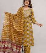 Beautiful mustard colour traditional printed and embroidered ethnic suit
