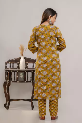Beautiful mustard colour traditional printed and embroidered ethnic suit