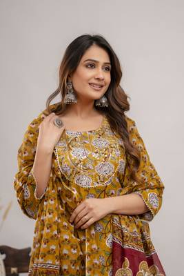 Beautiful mustard colour traditional printed and embroidered ethnic suit 3