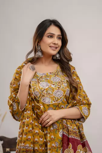Beautiful mustard colour traditional printed and embroidered ethnic suit