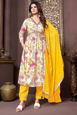 Cream colour trendy partywear rayon fabric ethnic girlish dress 1